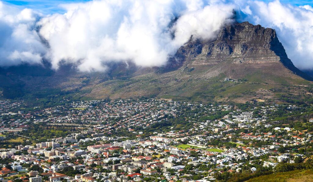 aerial view of cape town against table moutain.